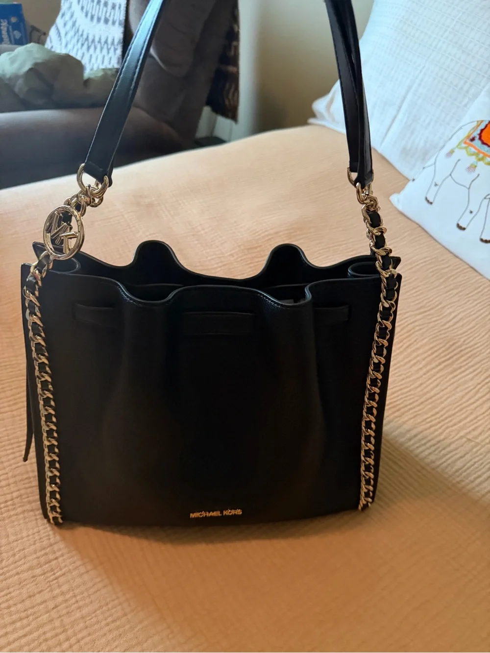 Michael Kors Black Leather Shoulder Bag with Gold Chain Straps